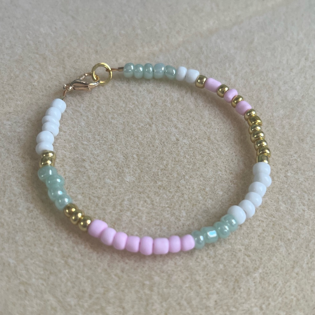 *2 For $20* Pink/White/Turquoise/Gold Color-Block Beaded Bracelet (7.5”)